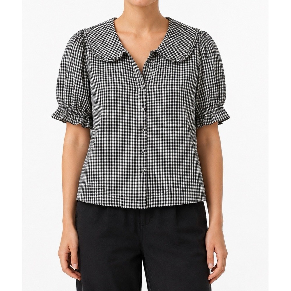 NWT Jane + Delancey Womens Blouse Size Large Gingham V-Neck Short Sleeve